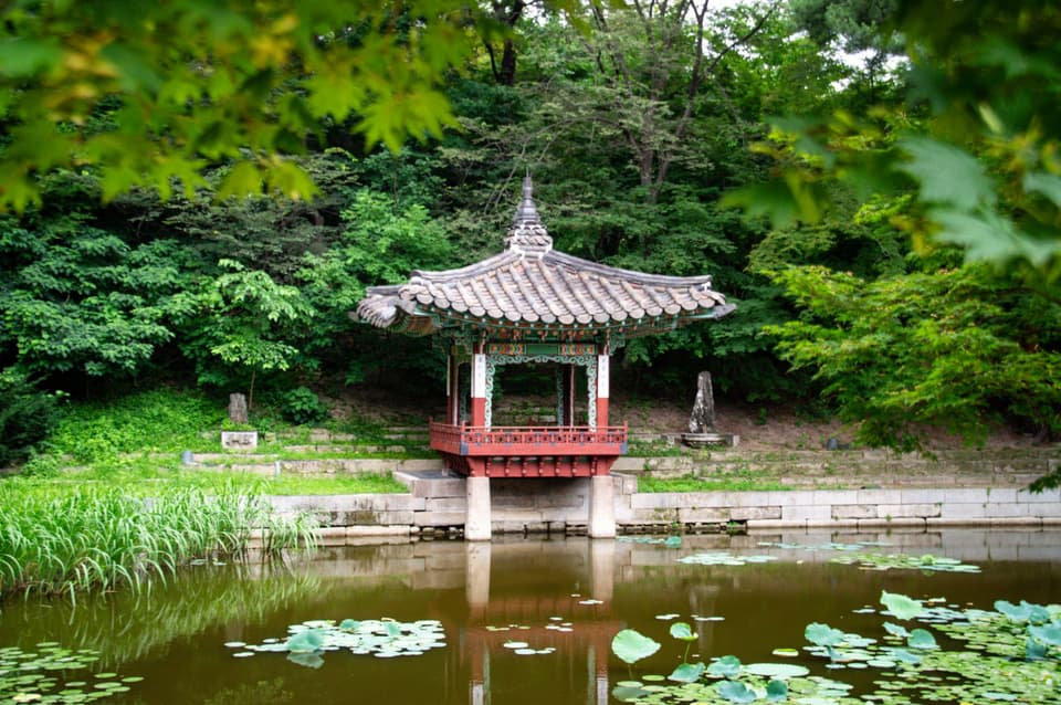 Serene view of a traditional Korean pavilion in a lush Seoul garden with a pond.