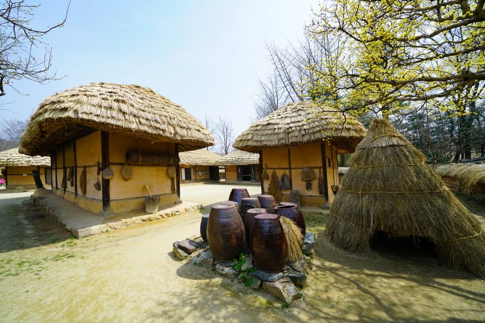 Charming traditional Korean village huts with straw roofs and vases in springtime.