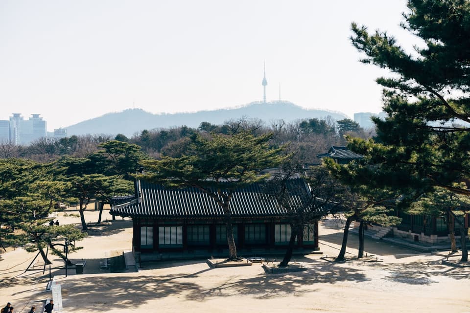 View of Namsan Tower and traditional architecture in Seoul, South Korea.