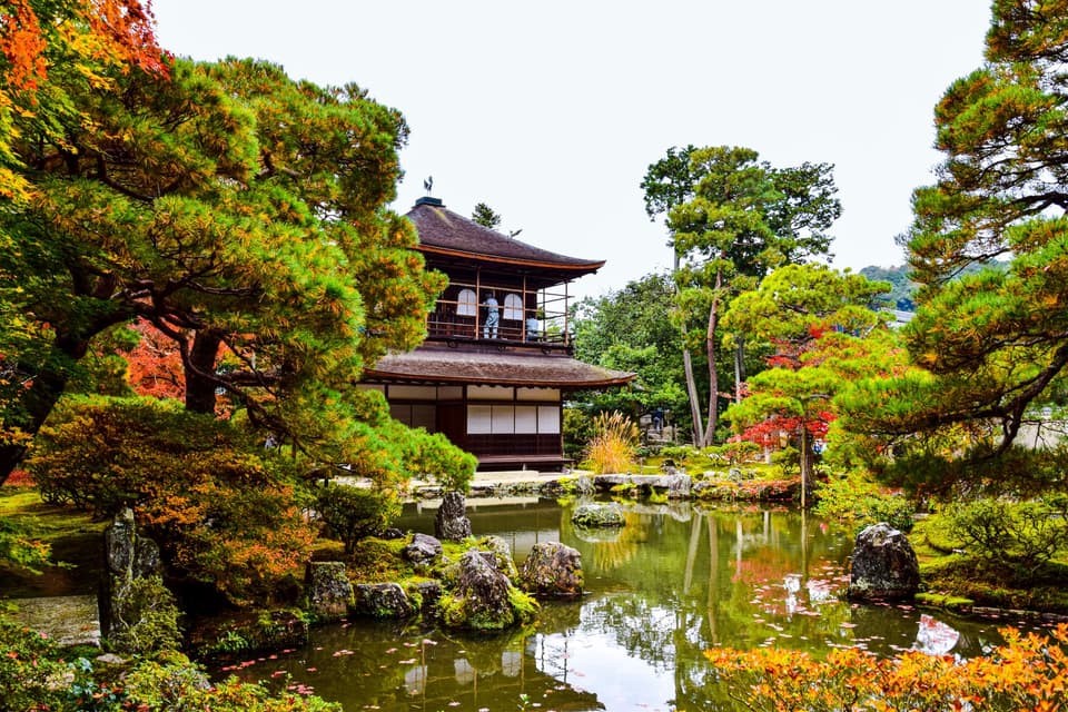 Explore the serene beauty of Ginkaku-ji Temple in Kyoto, surrounded by vibrant autumn foliage and tranquil gardens.