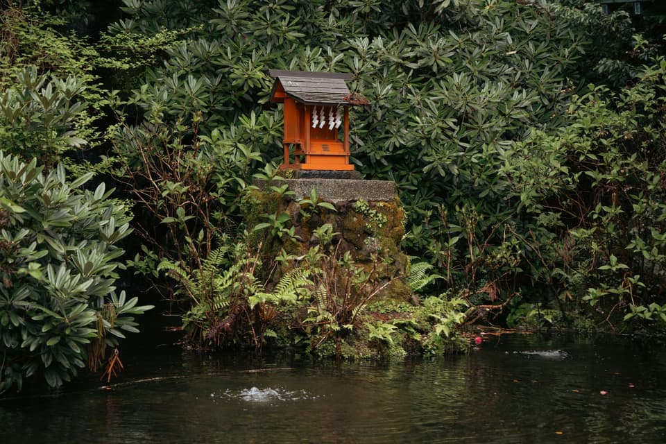 A small Shinto shrine surrounded by rich greenery in Hakone, Kanagawa Prefecture, Japan.