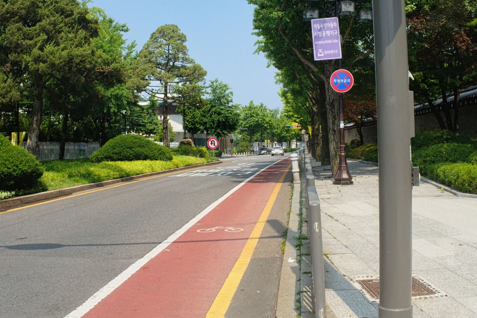A serene view of a tree-lined street with bike lane in Seoul, South Korea on a sunny day.