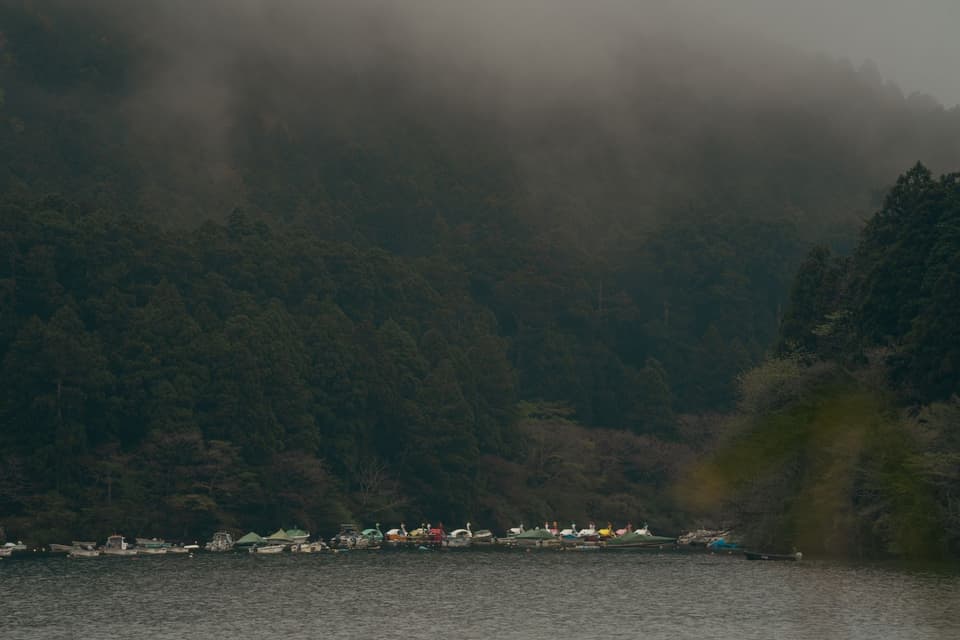 Serene scene of boats docked by a misty forest in Hakone, Kanagawa.