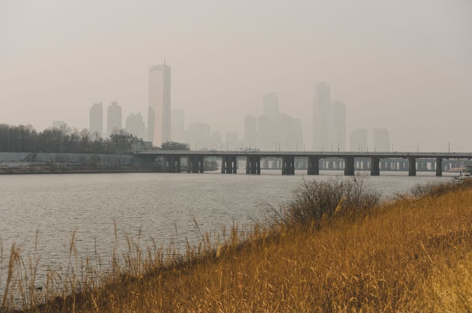 Foggy cityscape with a bridge crossing a river and tall skyscrapers in the backdrop.