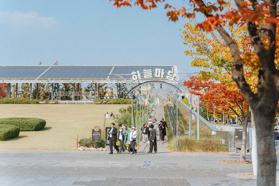 Visitors walking in a Korean park during autumn, surrounded by colorful foliage.