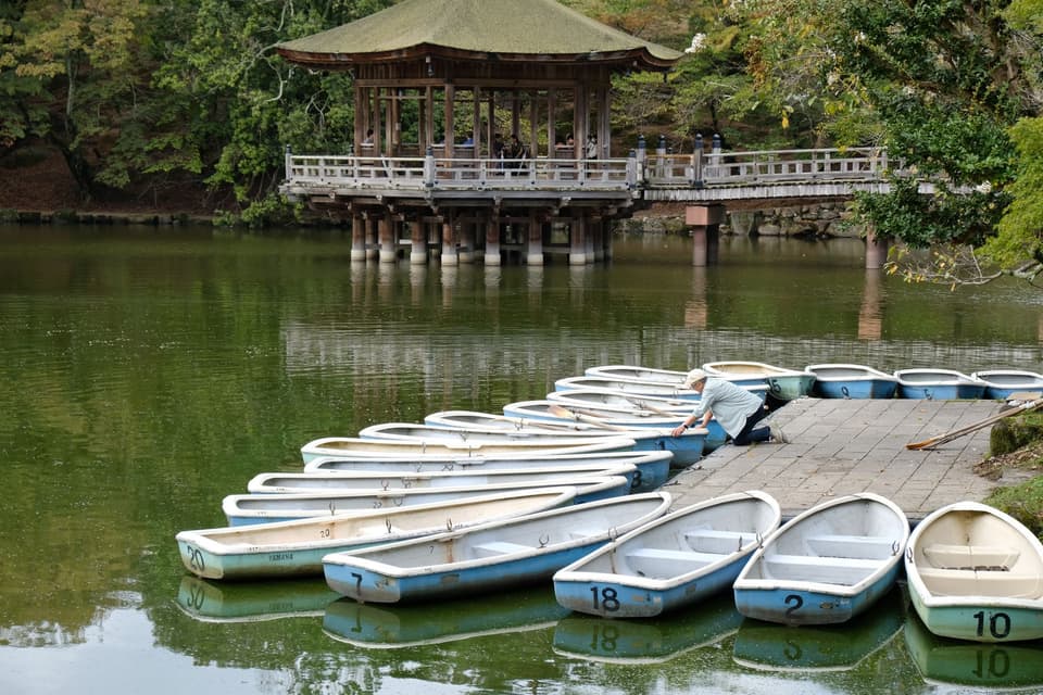 Serene view of moored boats and Ukimido Pavilion on Sagiike Pond in Nara, Japan.
