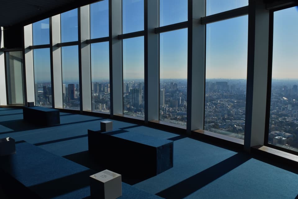 Stunning view of Tokyo from a modern observation deck, featuring skyscrapers and glass windows.