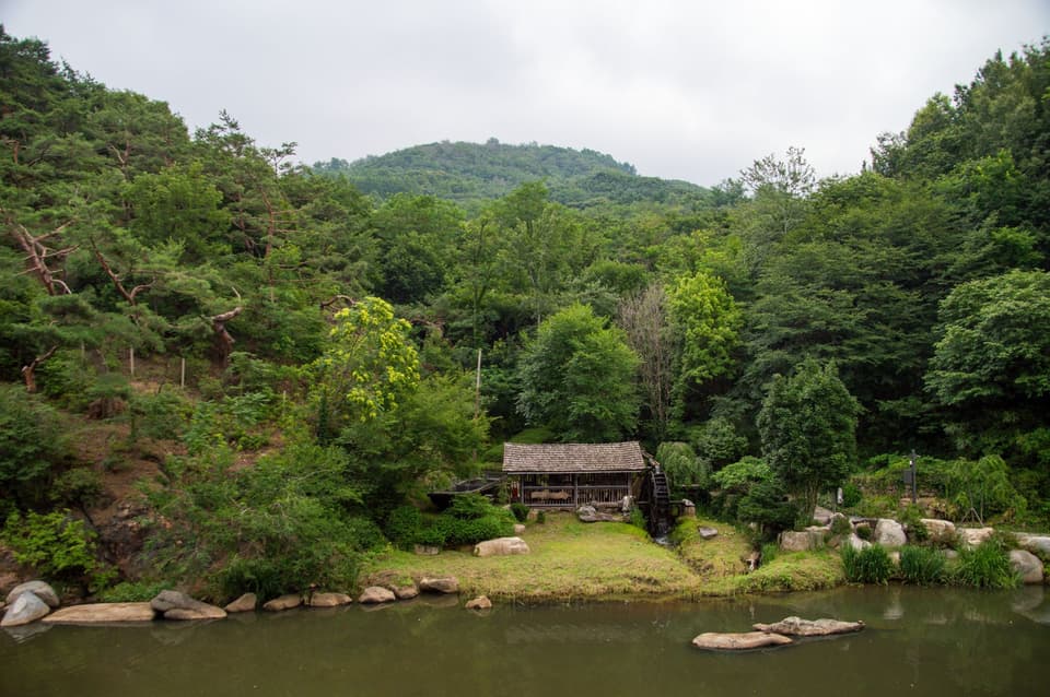 Idyllic rural landscape with a rustic wooden cabin near a pond in Seoul, surrounded by lush greenery.